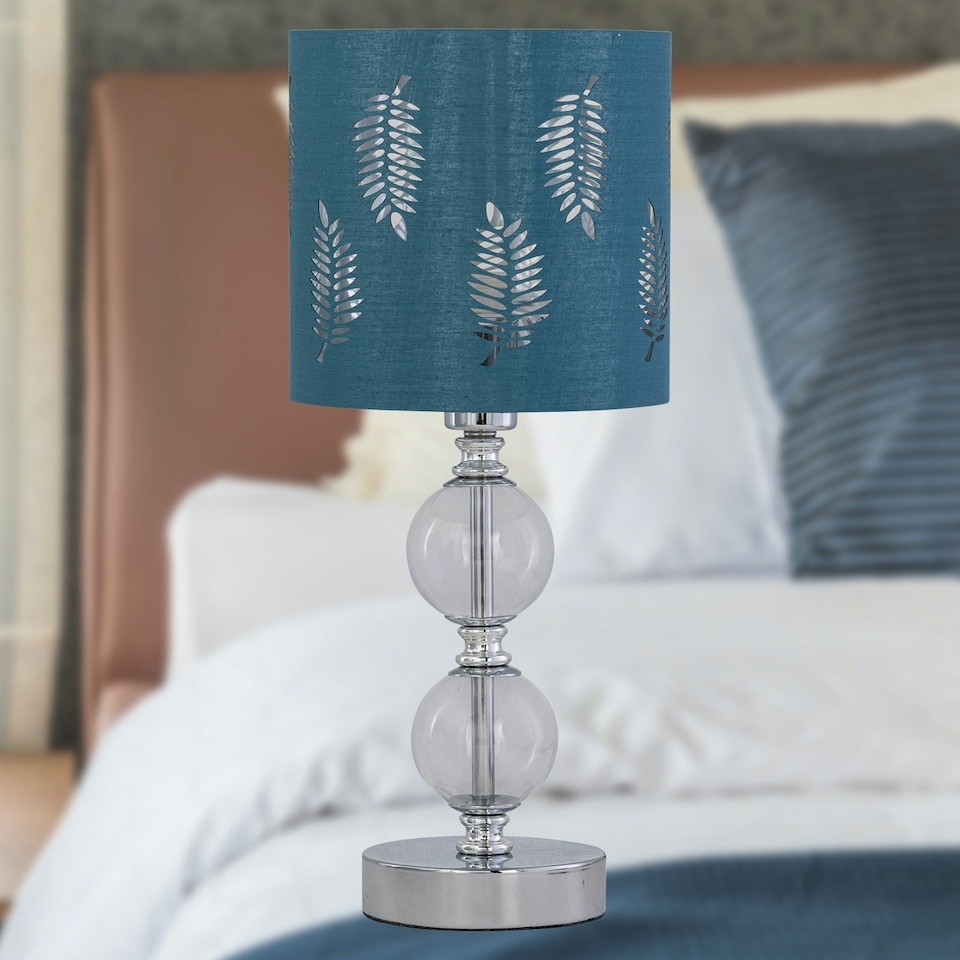 image 1 of First Choice Lighting Set of 2 Chrome Two Ball Table Lamps with Teal Fern Shades Chrome | Green