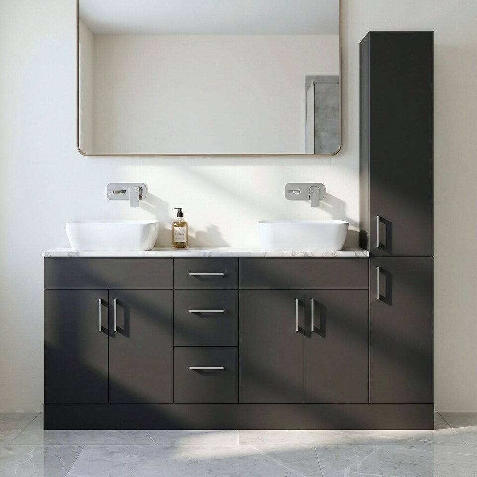 image 1 of Balterley Wichnor Floor Standing 4 Door 3 Drawer Vanity Combination Unit with Tall Unit, Laminate Worktop and Countertop Vessel, 1800mm, Dark Grey
