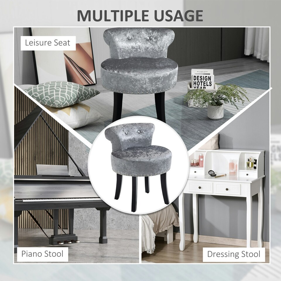 image 1 of HOMCOM Dressing Table Stool Vanity Seat w/ Rubber Wood Legs Bedroom - Grey