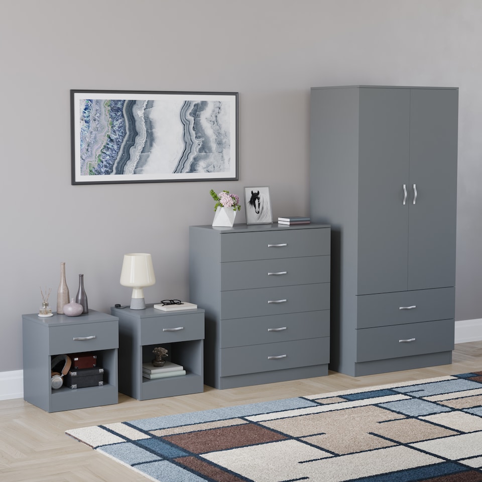 image 1 of Vida Designs Riano 4 Piece Bedroom Set (1 Drawer Bedside Chest, 5 Drawer Chest, 2 Door 2 Drawer Wardrobe), Grey (5)