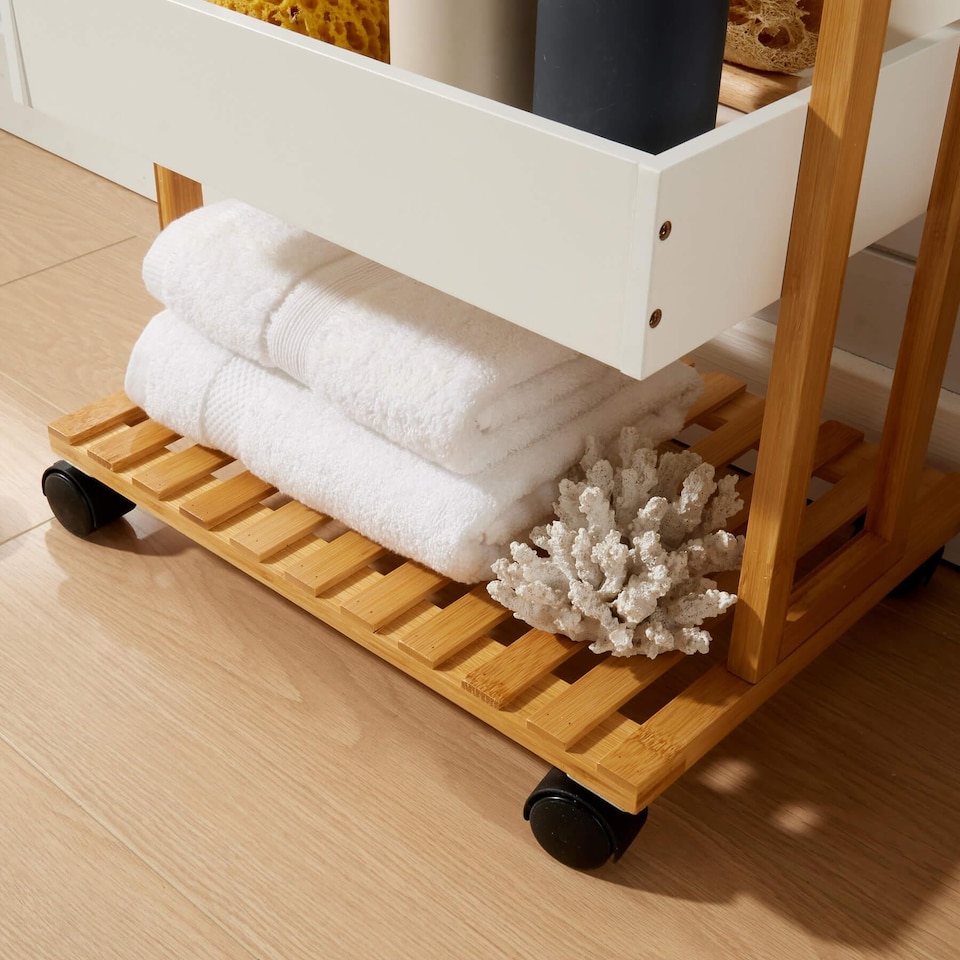 image 1 of Bamboo Storage Trolley White 4 Tier with Wheels Kitchen Bathroom Organiser Unit