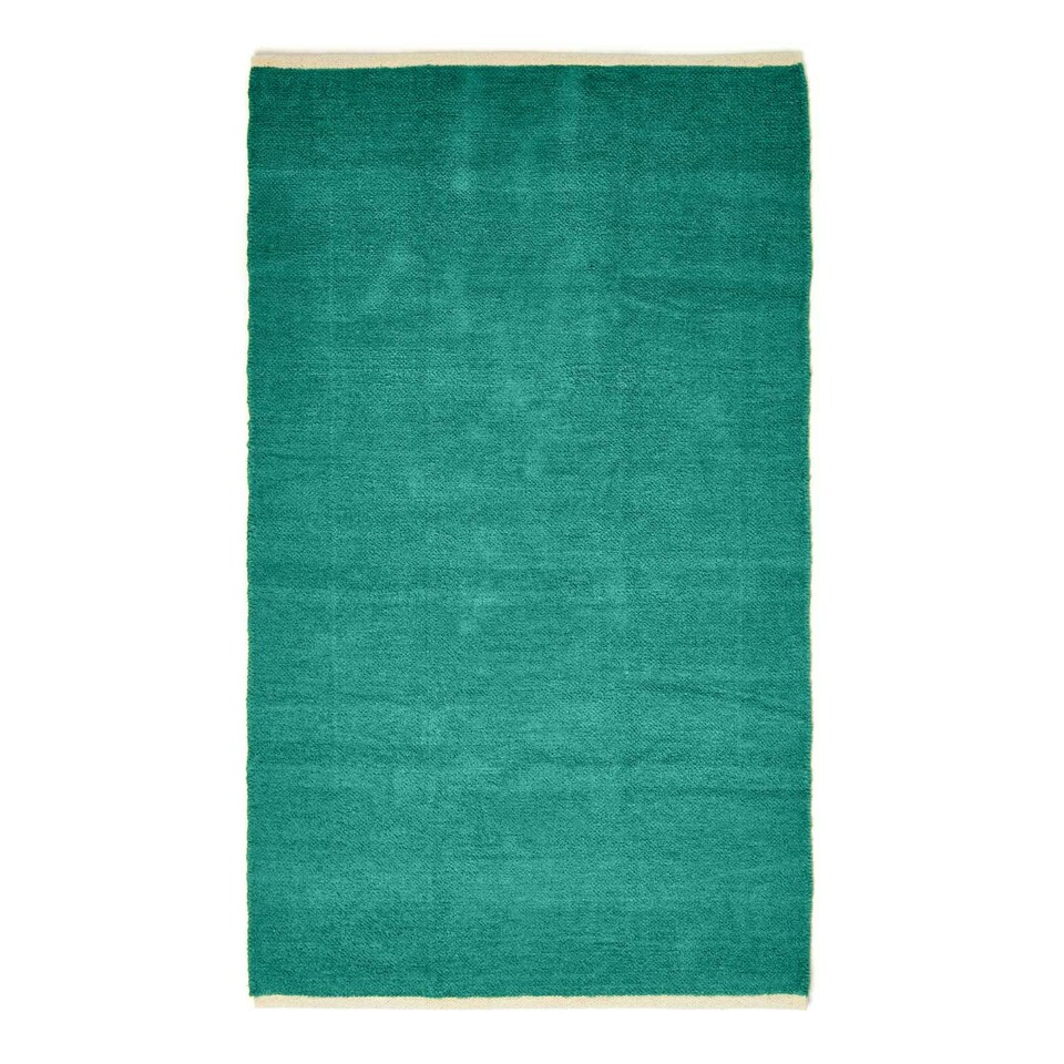 image 1 of Homescapes Teal Green 100% Cotton Plain Chenille Rug with Natural Trim - 90 x 150 cm | Green | 90 x 150 cm