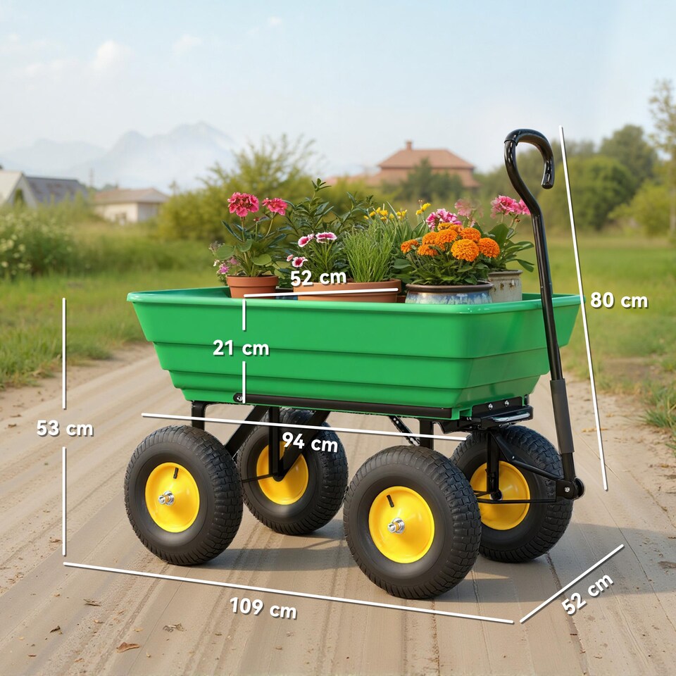 image 1 of Outsunny 75L Garden Cart Trolley Dump Wheelbarrow Trailer Truck 4 Wheels Green | Green | Green