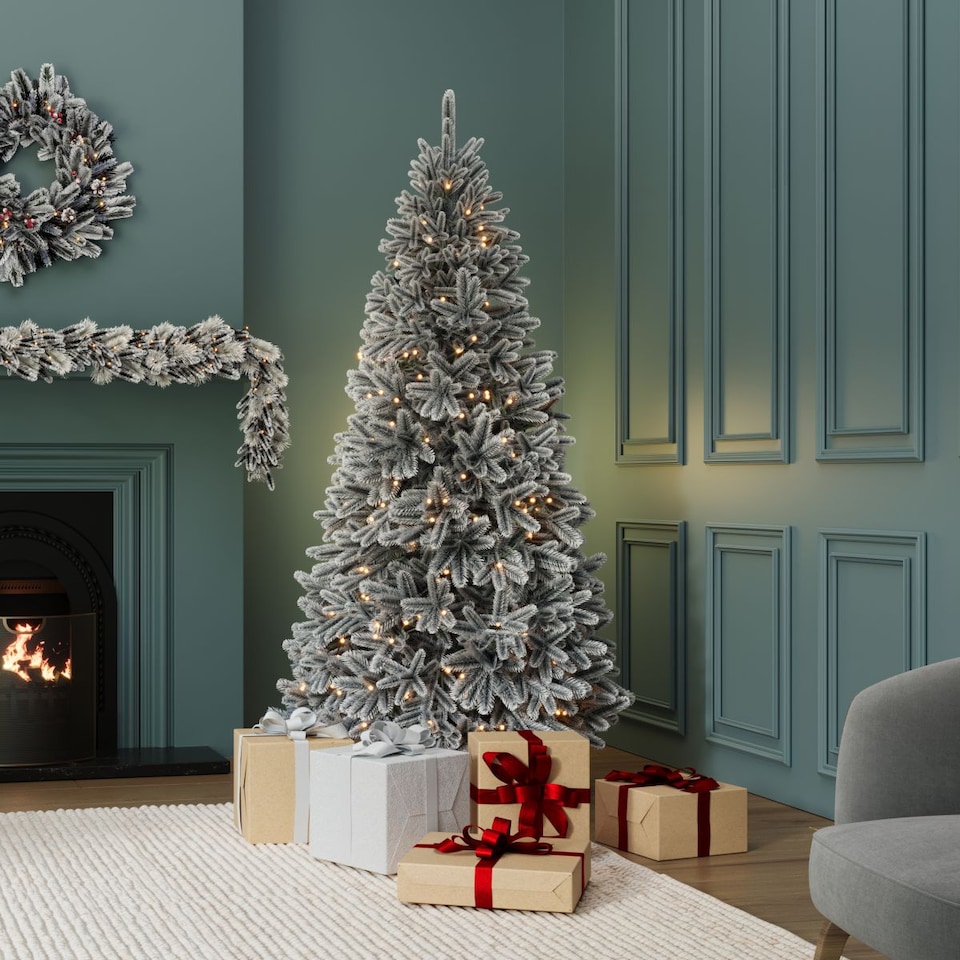 image 1 of Luxury 7ft Pre-Lit Faux Hinged Snowy Christmas Tree