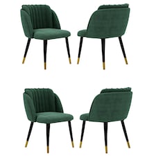 Set of 4 Milano Velvet Dining Chairs with Stylish Ribbed Back Design, Black Metal Legs with Silver Tips | Green | Gold End Tips