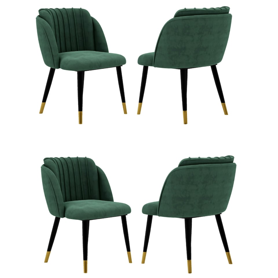 image 1 of Set of 4 Milano Velvet Dining Chairs with Stylish Ribbed Back Design, Black Metal Legs with Silver Tips | Green | Gold End Tips