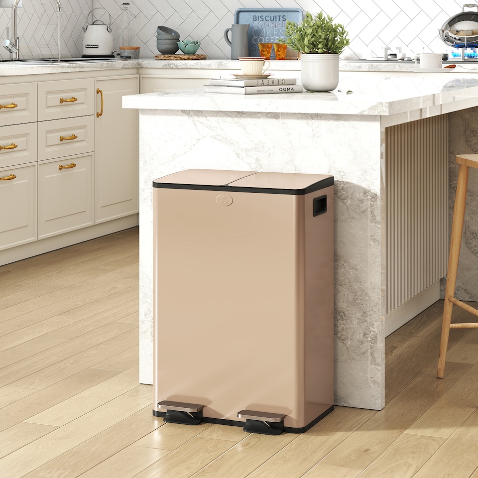 image 1 of HOMCOM Dual Kitchen Bin, 2 x 28L Stainless Steel Double Rubbish Bin with Soft Close Lid, Removable Inner Buckets, Fingerprint-Proof for Recycling and Waste, Gold Tone | Gold | 28L