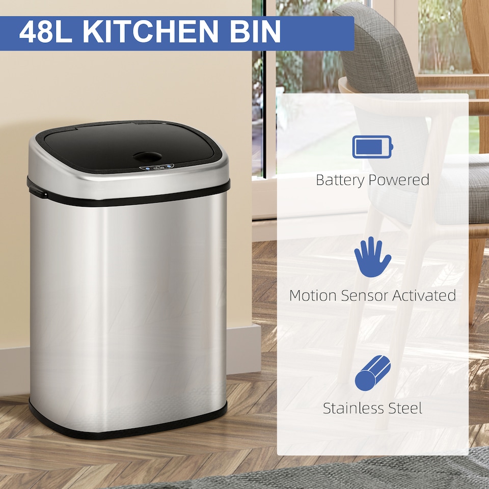 image 1 of HOMCOM Stainless Steel Kitchen Sensor Dustbin Automatic Touchless Rubbish Garbage Waste Bin 48L Silver | Chrome | 1