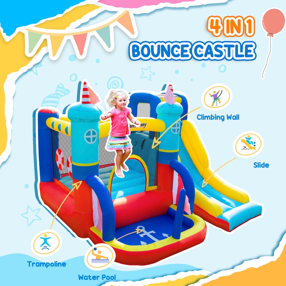 image 1 of Outsunny Kids Bouncy Castle with Slide Pool Trampoline Climbing Wall w/ Blower