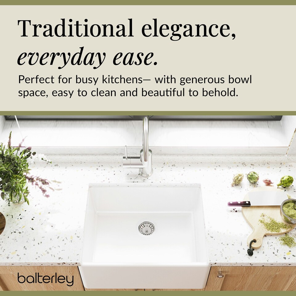 image 1 of 595mm - Single Bowl Fireclay Butler Kitchen Sink  -  Chrome Strainer Waste