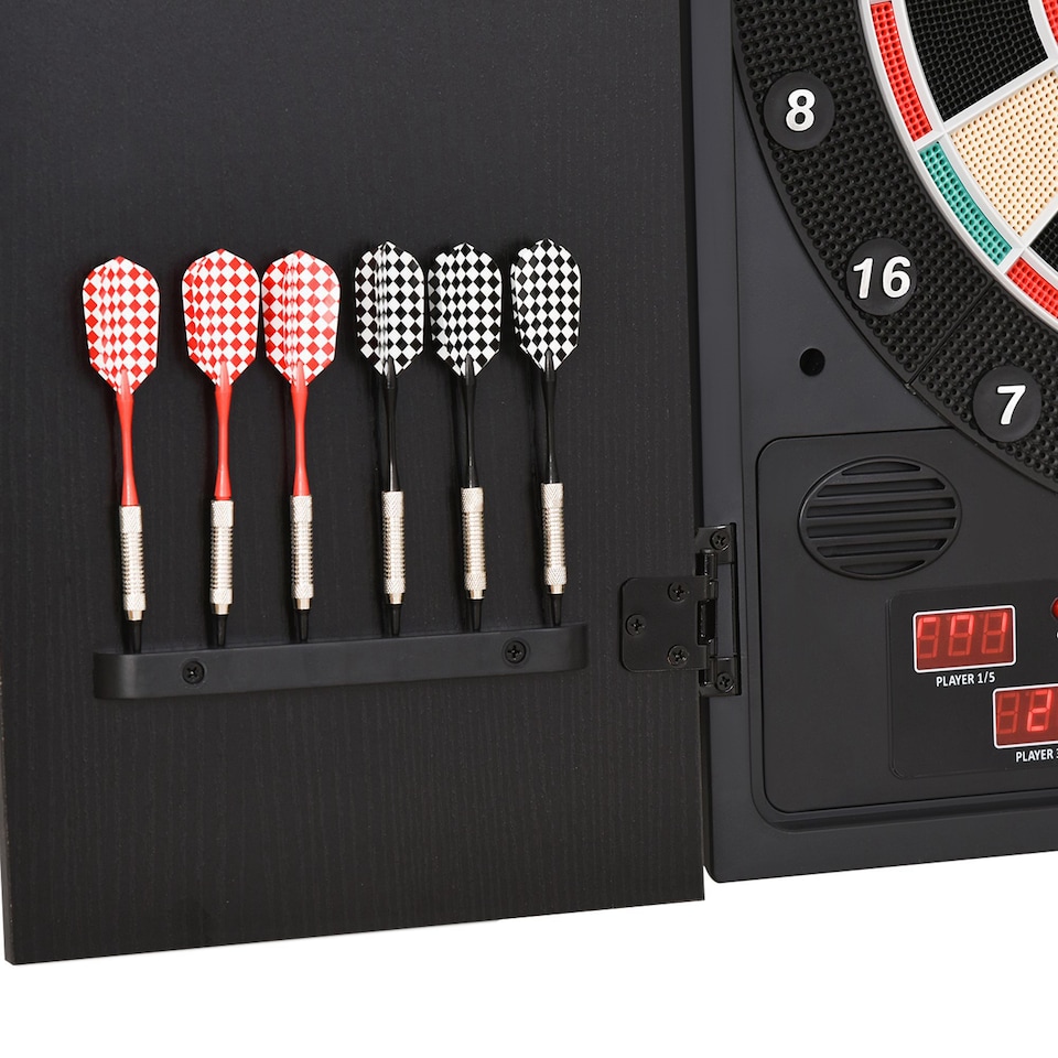 image 1 of HOMCOM Electronic Dartboard Set, 27 Games Modes and 202 Variations, LED & 12 Soft Tip Darts and Cabinet to Storage, Ready-to-Play Multi-Game Option Darts Machine