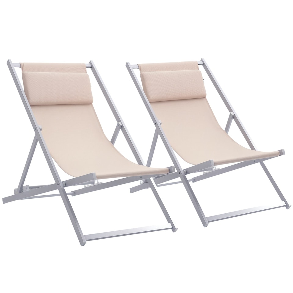 image 1 of Outsunny 2Pcs Texteline Chaise Lounge Recliner Chair Adjust Lounger Patio Beige