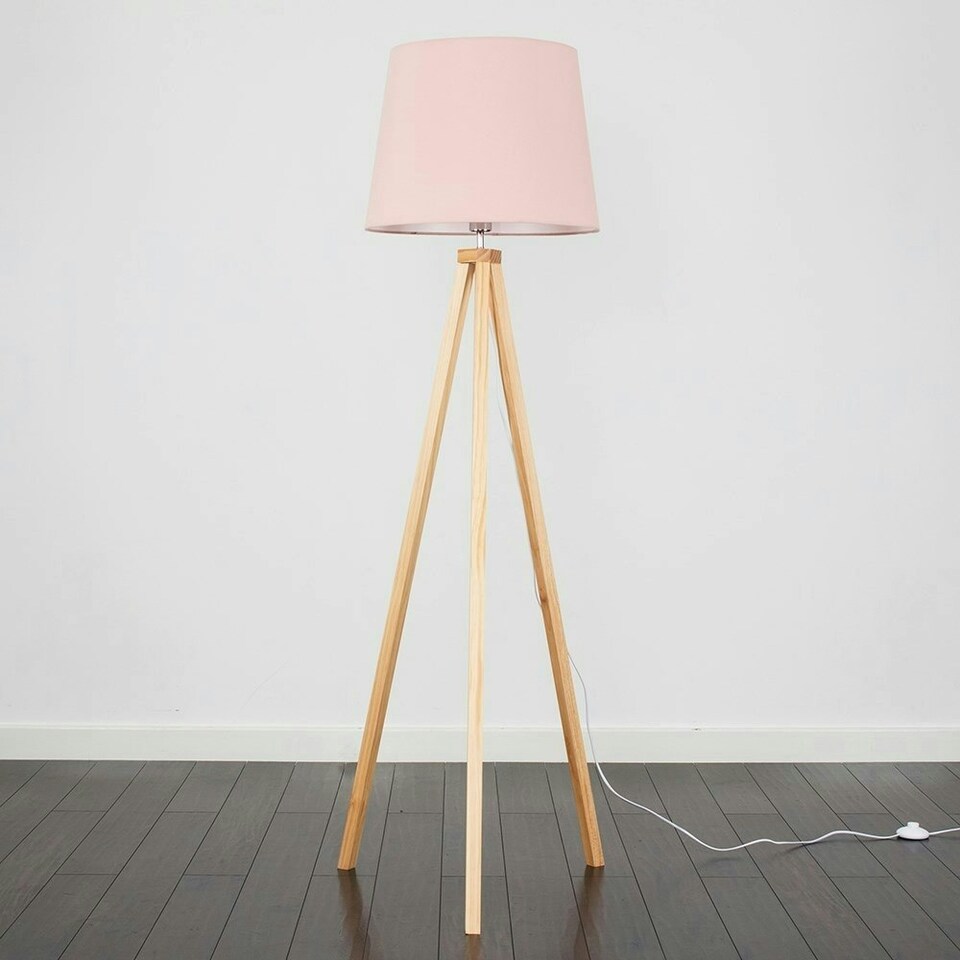 image 1 of ValueLights Modern Light Wood Tripod Design Floor Lamp With Pink Shade