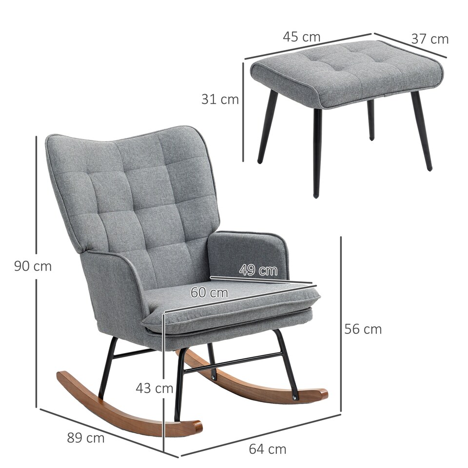 image 1 of HOMCOM Rocking Chair and Ottoman Set, Fabric Armchair with Footstool, Wingback Chair for Living Room and Bedroom, Grey