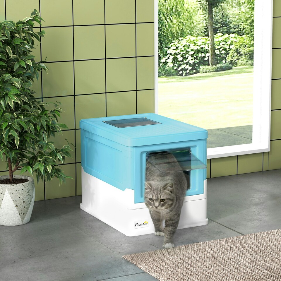 image 1 of PawHut Hooded Cat Litter Box, Pet Toilet w/ Scoop, Tray - Light Blue Blue