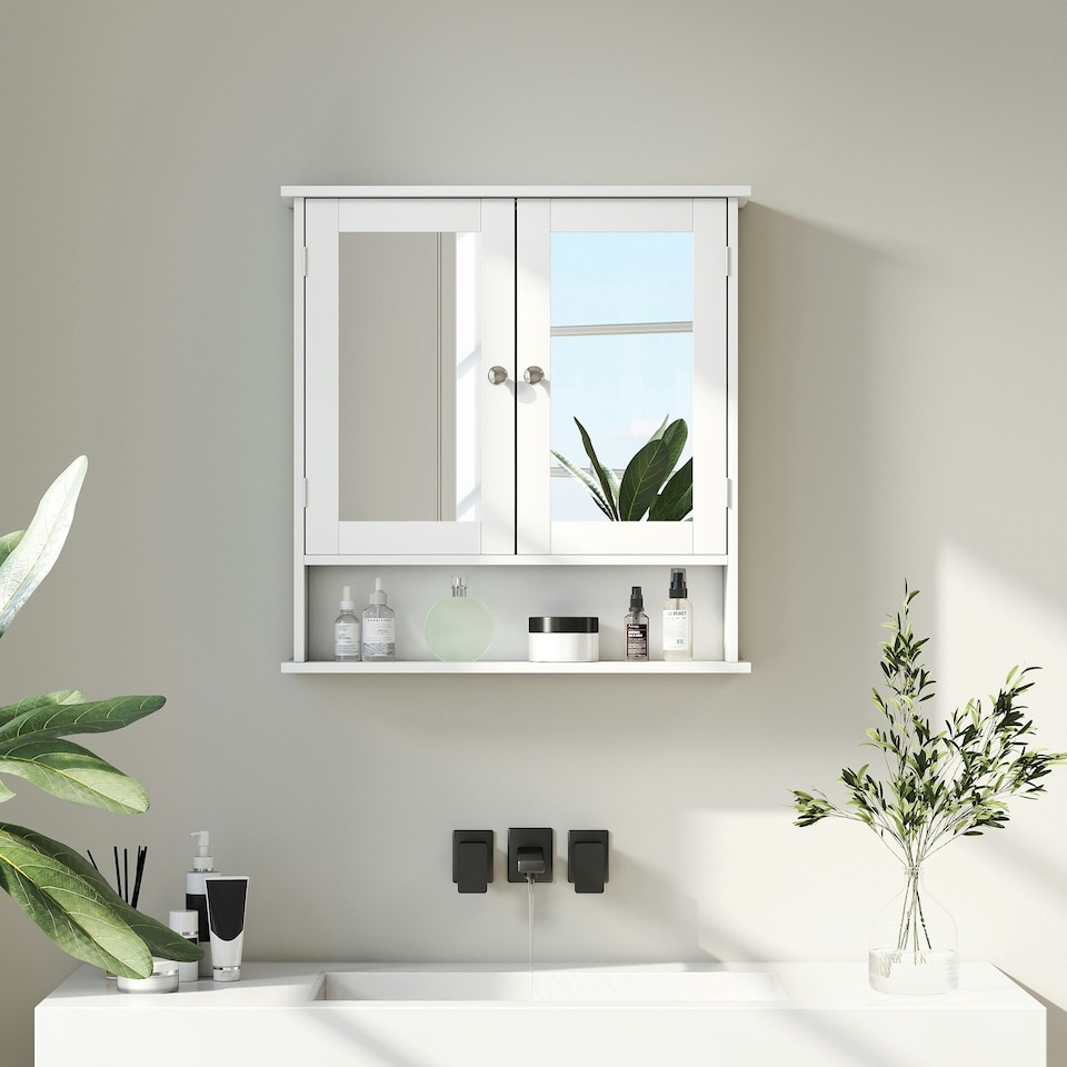 image 1 of kleankin Wall Mounted Mirror Cabinet W/ Double Mirror Doors & Shelf | White | 56L x 13W x 58H cm
