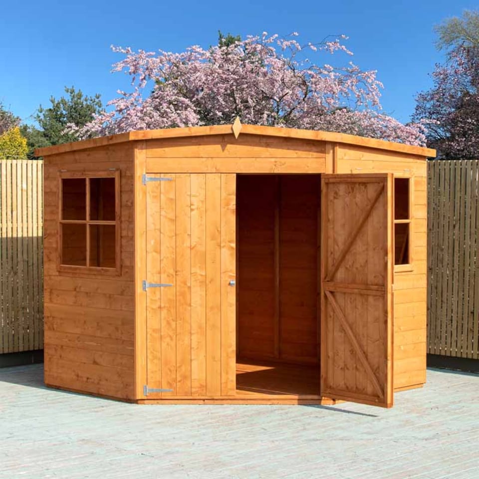 image 1 of Corner Shed Double Doors Tongue and Groove Garden Shed Workshop Approx 7 x 7 Feet - Honey Brown Timber Basecoat | Brown
