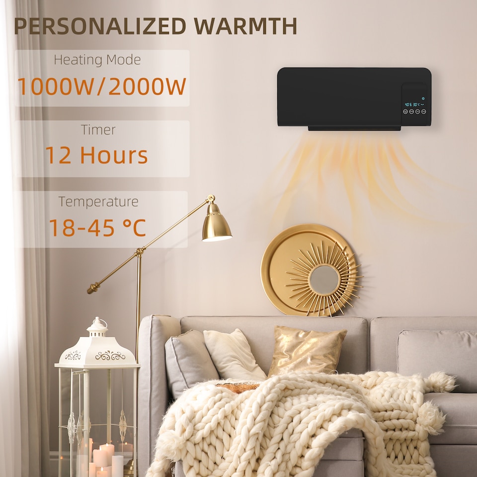 image 1 of HOMCOM Electric Heater, 2000W Wall Mounted Ceramic Space Heater with Remote Control, 2 Modes, Timer, Oscillation, Overheat Protection for Home, Black