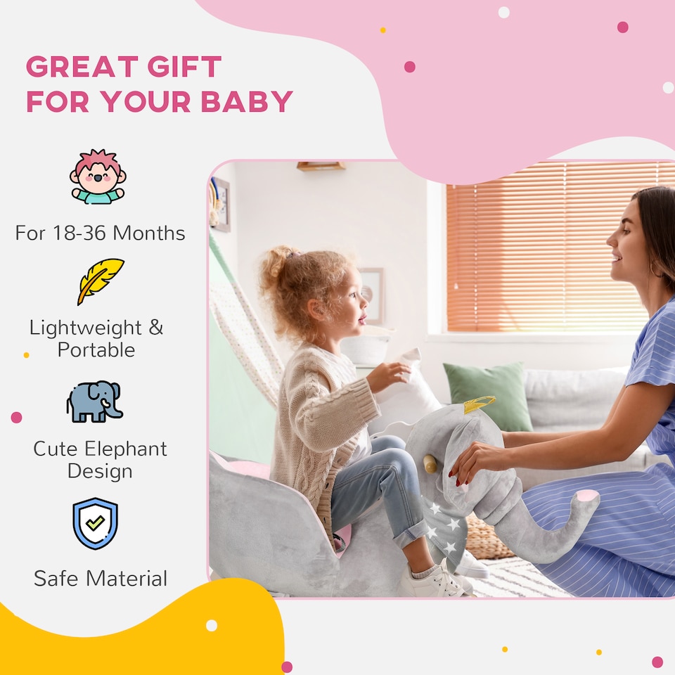 image 1 of HOMCOM Baby Rocking Horse Elephant Rocking Chair Rocker Toy, for 18-36 Months