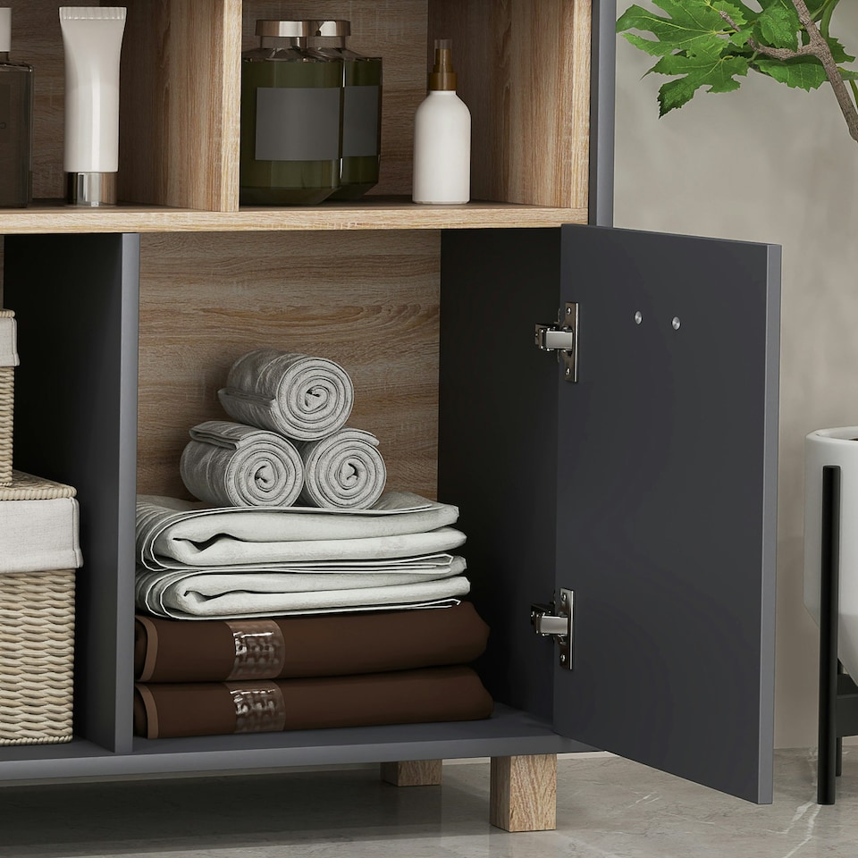 image 1 of HOMCOM Bathroom Cabinet with Open Compartments and 2 Doors, Grey Grey