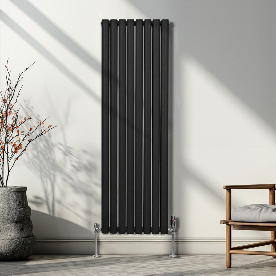 image 1 of Oval Column Radiator & Valves 1600mm x 480mm Black