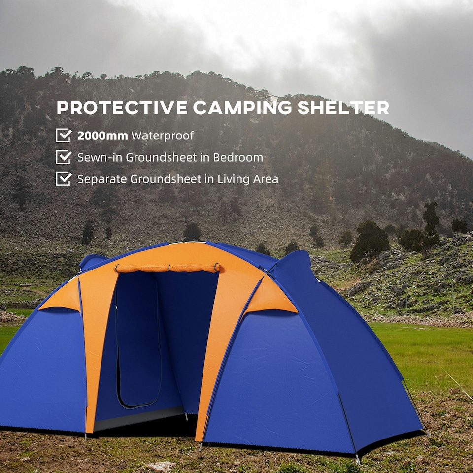 image 1 of Outsunny Camping Tent with 2 Bedroom, Living Area and Awning for 4-6 Person