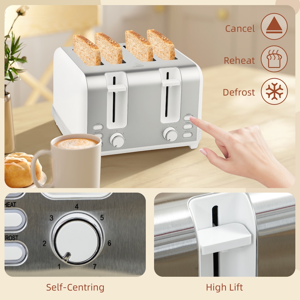 image 1 of HOMCOM Stainless Steel Kettle and Toaster Set, 1.7L 3000W Rapid Boil Jug Kettle with UK Strix Thermostat, Limescale Filter, 4 Slice Toaster with 7 Browning Controls, Crumb Tray, White and Silver Tone