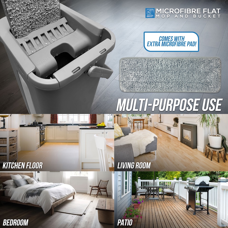 image 1 of Flat Mop and Bucket Set with Swivel Head Built In Wringer and 2 Washable Microfibre Mop Heads