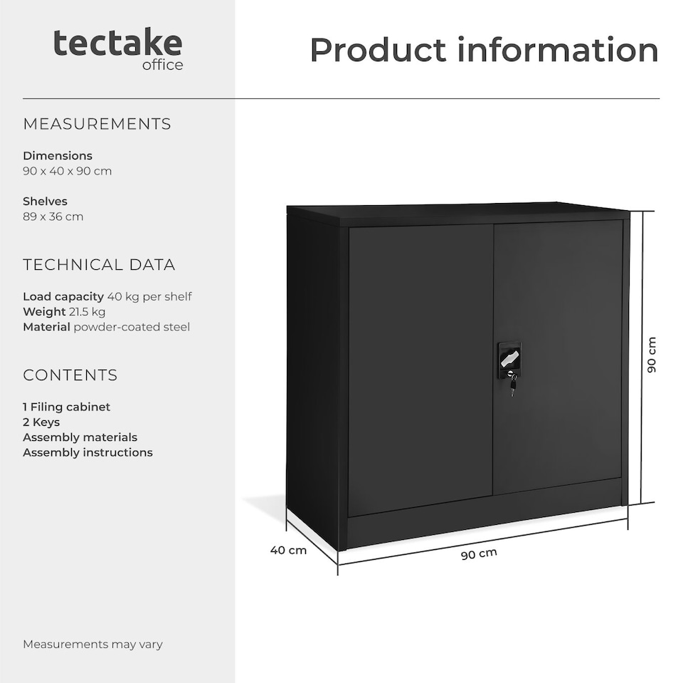 image 1 of Filing Cabinet - 3 shelves, height-adjustable, lockable, 90 x 40 x 90 cm | Black | black | 90 x 40 x 90 cm | 1