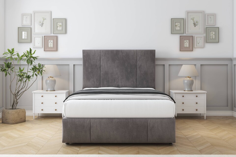 image 1 of Sloomy Lisbon Slate Naples Divan Bed With Mattress 2 Drawers Right Side With 54" Floor Standing Headboard & 12" Matching Footboard 2'6 Small Single | Grey | Slate | Small Single | 1