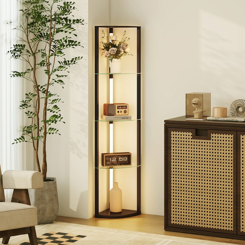 image 1 of HOMCOM LED Floor Lamp with Shelves, Dimmable Standing Lamp with 3 Brightness Levels and Foot Switch, Modern Corner Floor Lamp for Living Room, Bedroom, Black