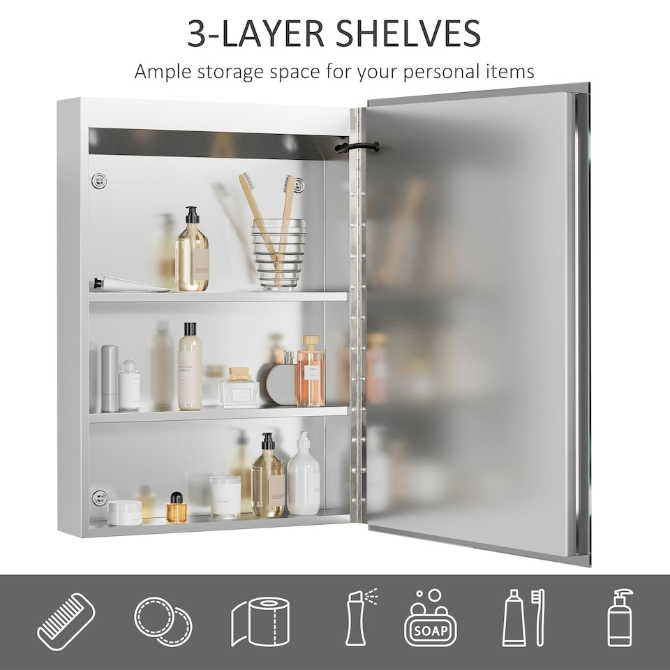 image 1 of kleankin LED Lighted Bathroom Mirror Cabinet W/ LED Lights Shelves Wall-mounted