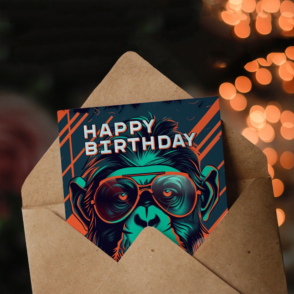image 1 of Biker Chimp Birthday Card Neon Cyberpunk 1980s Style for Him