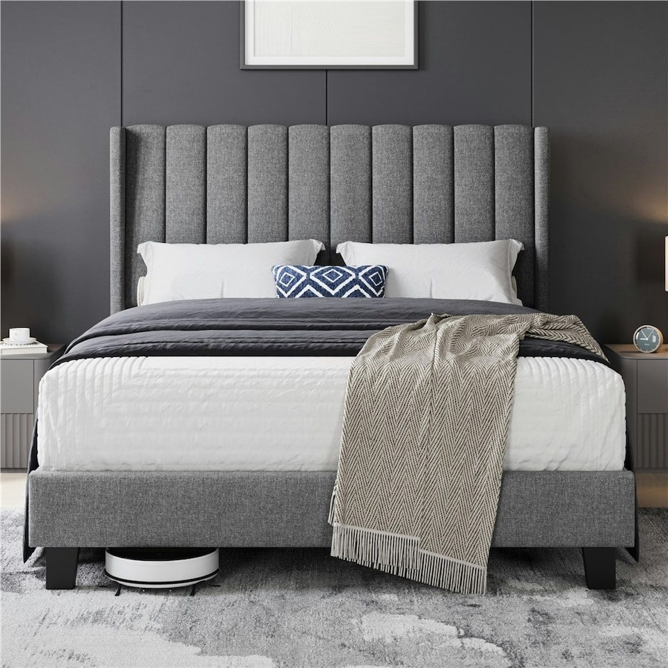 image 1 of Yaheetech 150 cm W × 200 cm L Upholstered Bed Frame with Wing Side Light Grey