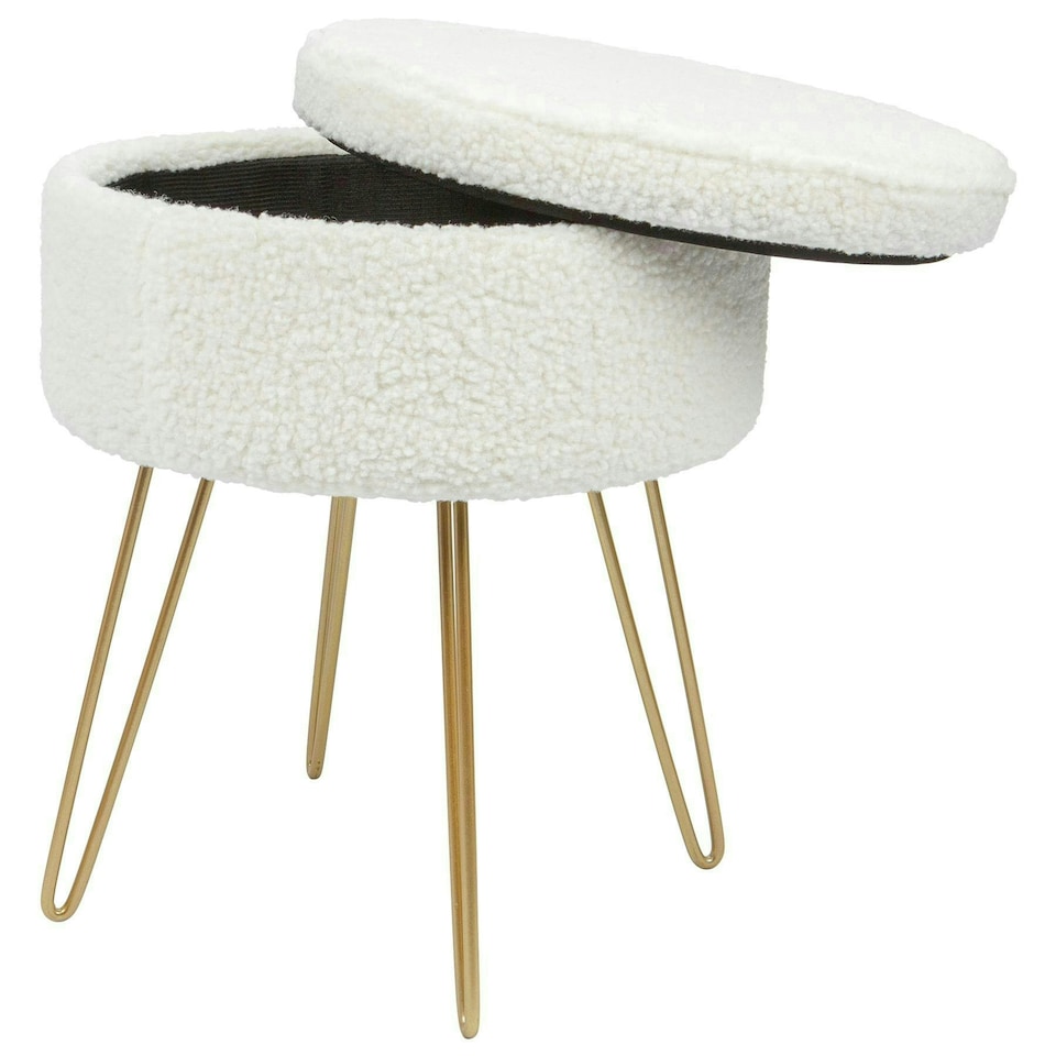 image 1 of Harbour Housewares Cream Boucle Storage Footstool Round Ottoman With Gold Base H46 x D37cm Warm Storage Neutral Statement Yellow