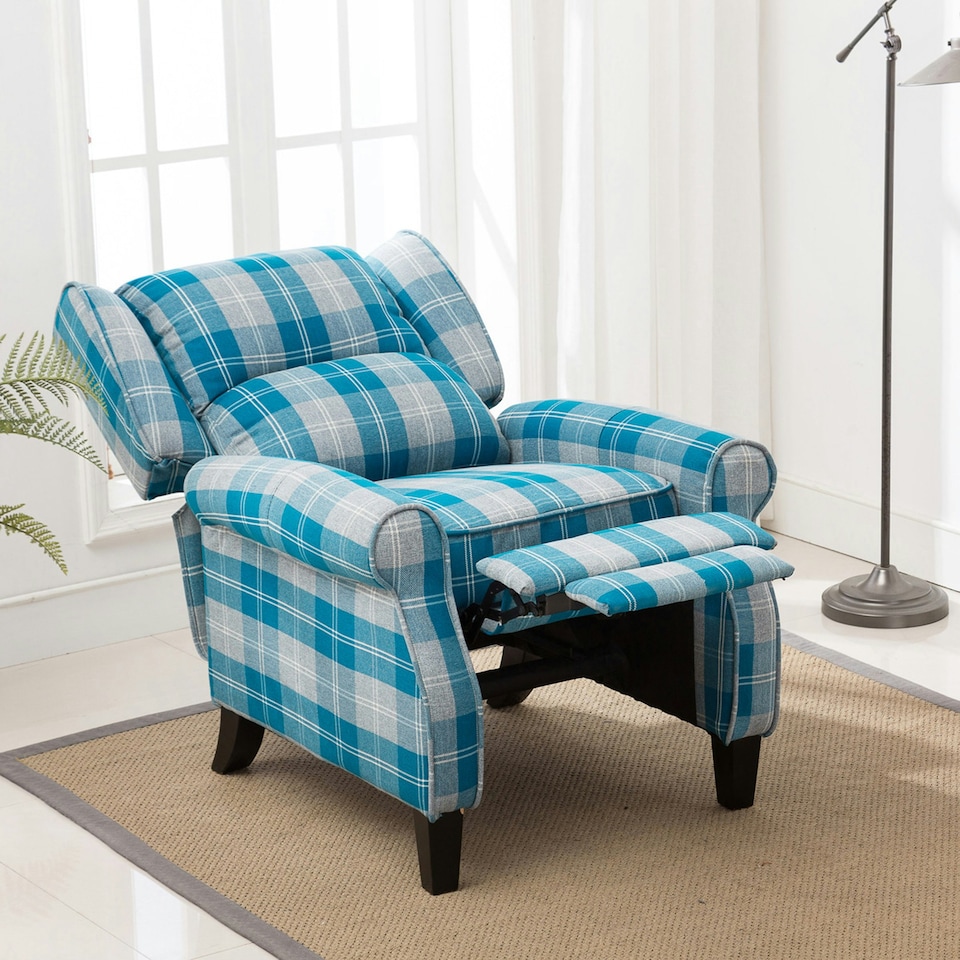 image 1 of Eaton Wing Back Fireside Checkered Fabric Pushback Recliner Chair (Blue)
