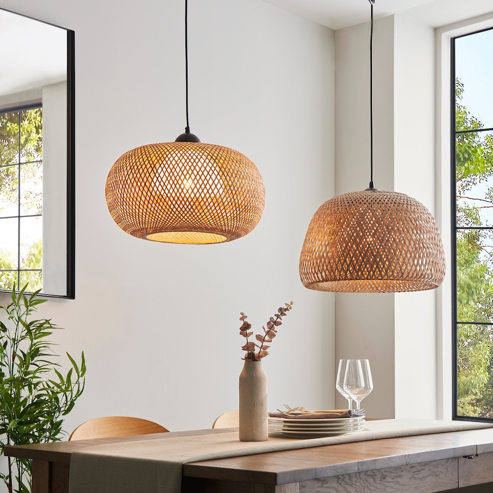 image 1 of Bali Dome Pendant Ceiling Lamp, Natural Bamboo, White, Matt Black