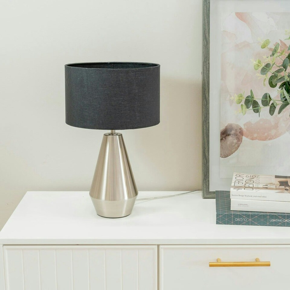 image 1 of ValueLights Jax Silver Metal Touch Dimmer Table Lamp with Charcoal Grey Drum Shade