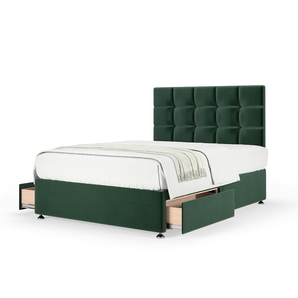 image 1 of Signature Platinum 2000 Pocket Sprung Green Plush Velvet 2 Drawer Divan Set And Pearl Headboard Double