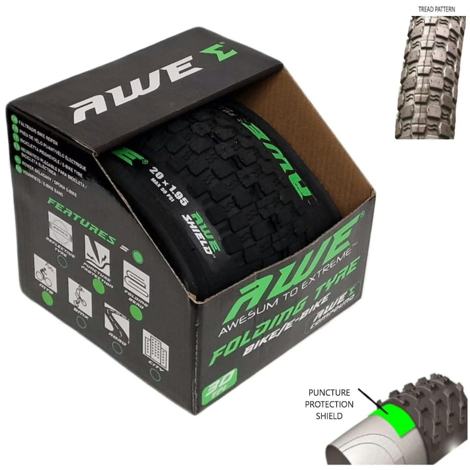 image 1 of AWE AWEShield Puncture Protection Folding Tyre 20" x 1.95" MTB/Bike Tyre 30 TPI