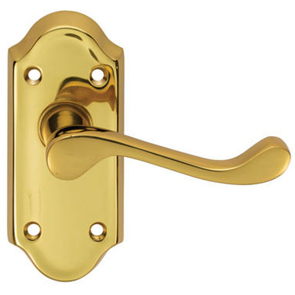 image 1 of PAIR Victorian Scroll Lever on Short Latch Backplate 112 x 48mm Polished Brass