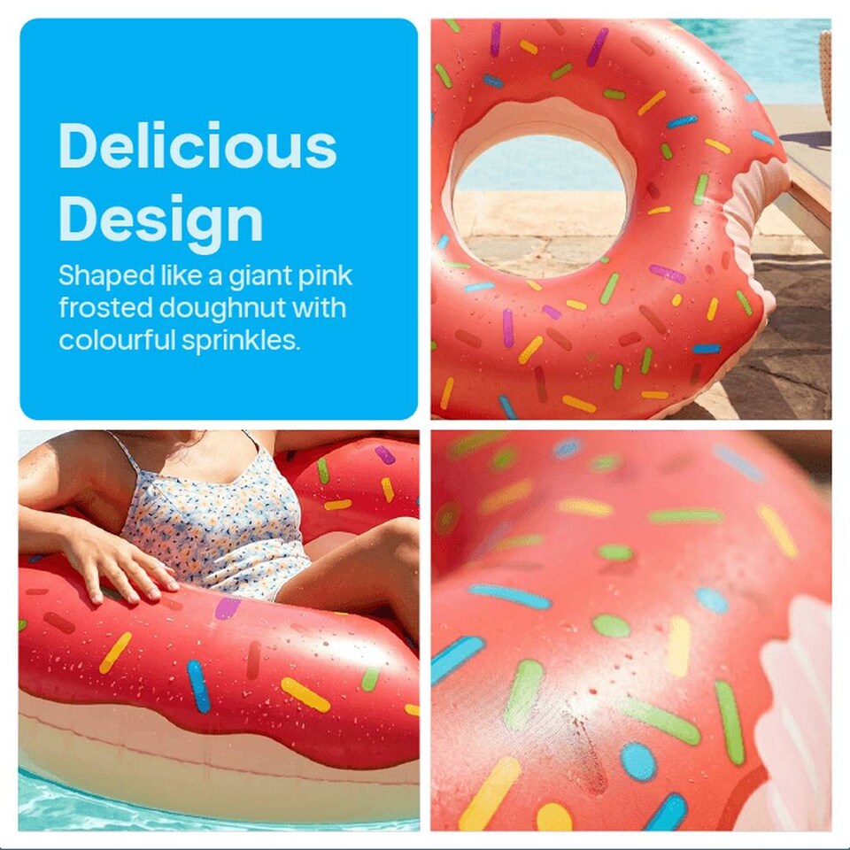 image 1 of Inflatable Pink Doughnut - 42 inches/107cm Donut with Pink Icing Design - Adults Kids Boys Girls Fun Summer Activity Pool Party Beach Day Swimming Toy Float