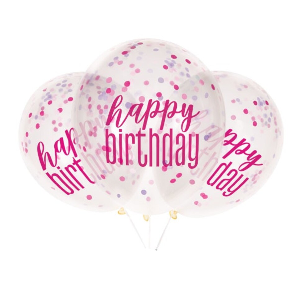 image 1 of Pack of 6 12" Clear Printed Glitz "Happy Birthday" Balloons with Confetti, Pink & Silver