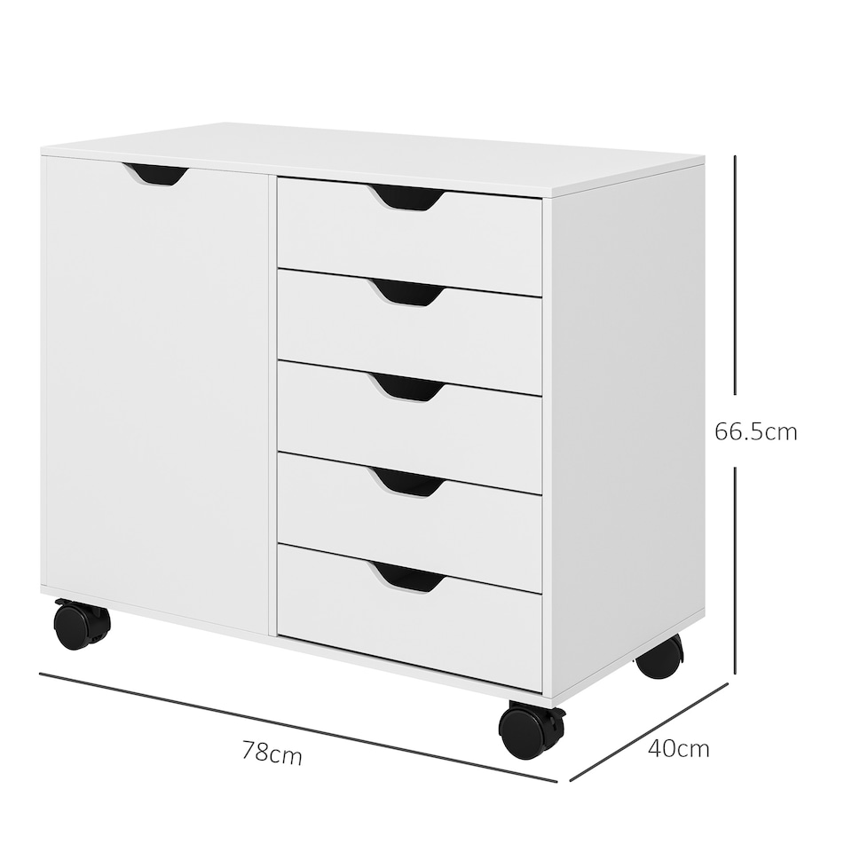 image 1 of HOMCOM Lateral Office Storage Cabinet on Wheels, 5-Drawers Cabinet with Door and Adjustable Shelf for Home Office, White