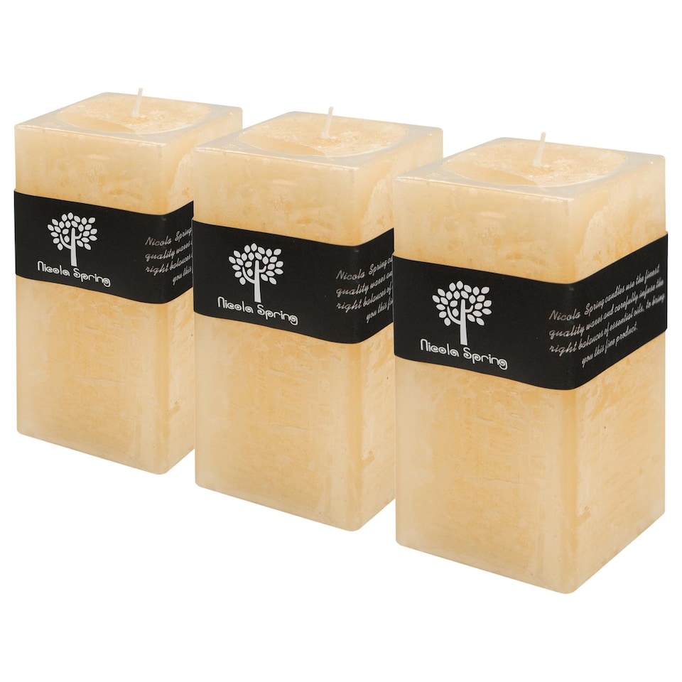 image 1 of Nicola Spring Square Vanilla Pillar Candles - 90 Hours - Cream - Pack of 3 | Cream | Beige
