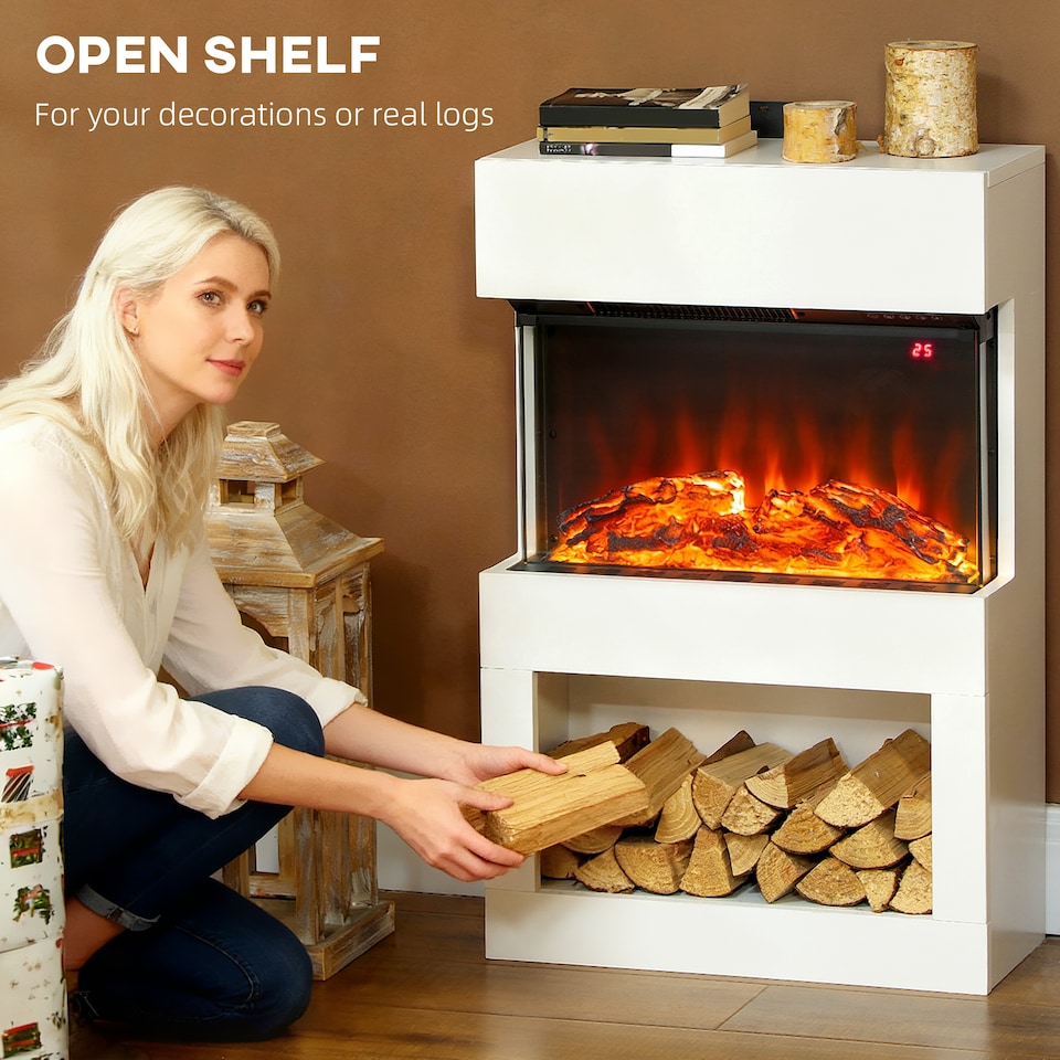 image 1 of HOMCOM Electric Fireplace with 3D Flame Effect, 6 Colours & 3 Brightness Levels, 1000W/2000W White Electric Fire and Mantel Reach up to 30㎡ Space with Remote & Timer, 3 Sided View for Living Room | White