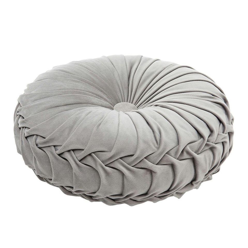 image 1 of Living and Home Round Pleated Pumpkin Velvet Cushion, Grey, 35cm