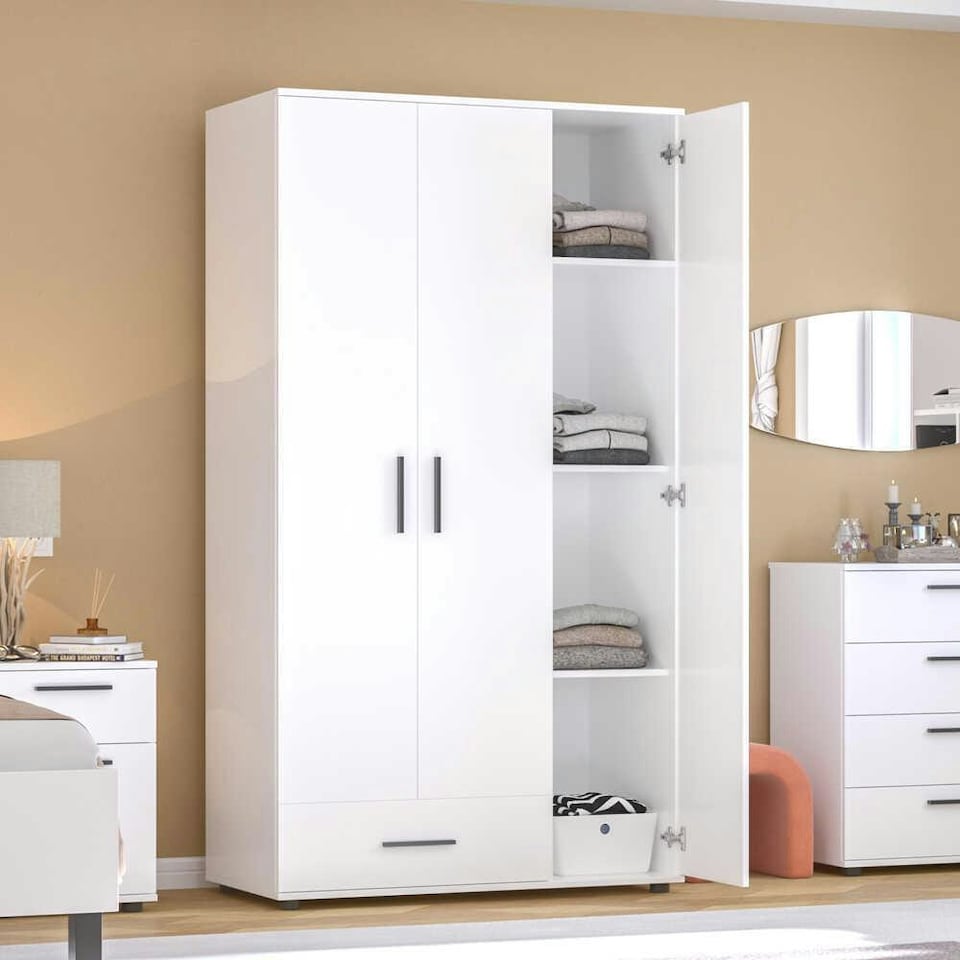 image 1 of Adore Matt White 3 Door 1 Drawer Combi Wardrobe with Shelves White