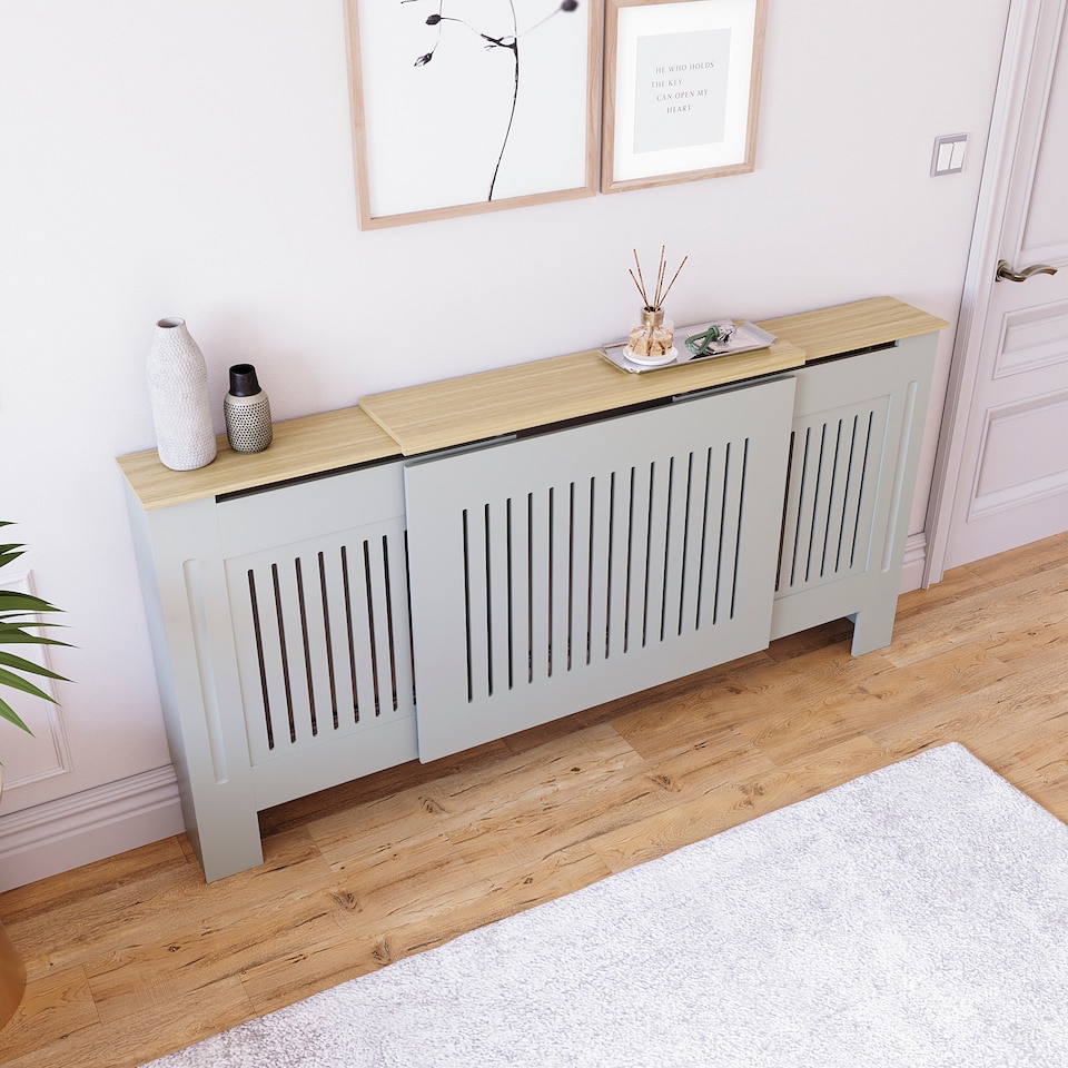 image 1 of Vida Designs Arlington Radiator Cover Painted MDF Slatted Cabinet, Grey, 140-204cm