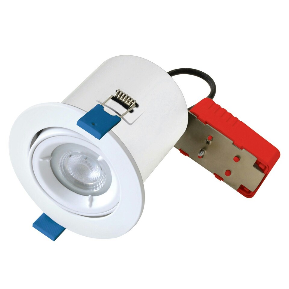 image 1 of First Choice Lighting Set of 5 White Fire Rated Tilt Recessed Ceiling Downlights with Warm White LED Bulbs White